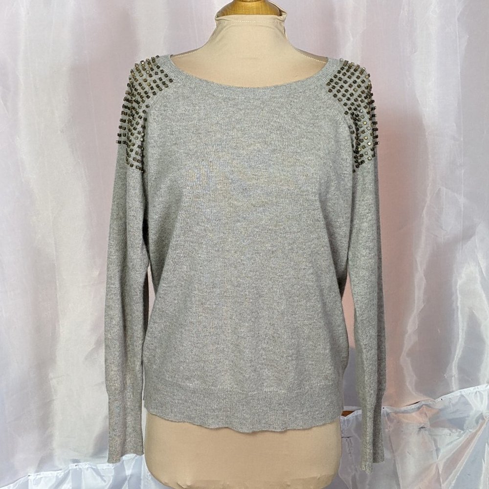 HALOGEN Cashmere Round Neck Embellished Shoulder Sweater Oatmeal Extra Large